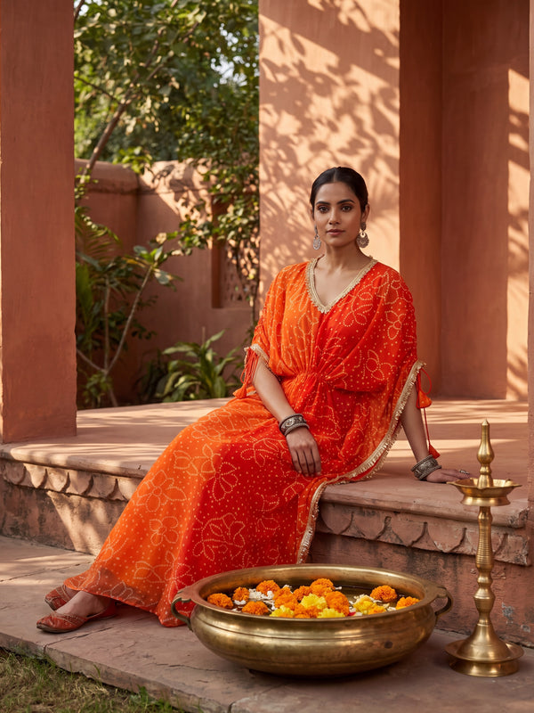 Orange Ombre Bandhani Kaftan with Detailing
