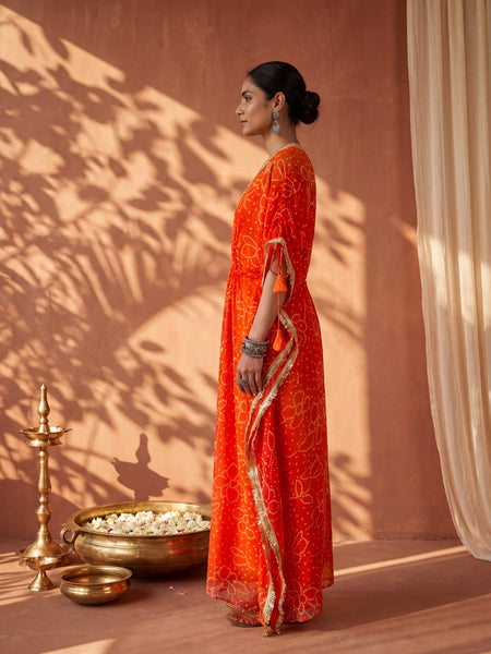 Orange Ombre Bandhani Kaftan with Detailing