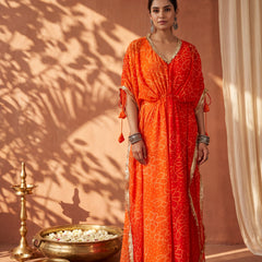 Orange Ombre Bandhani Kaftan with Detailing