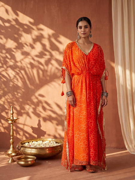 Orange Ombre Bandhani Kaftan with Detailing