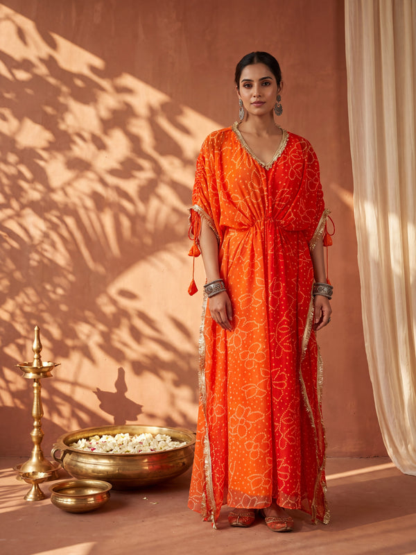 Orange Ombre Bandhani Kaftan with Detailing