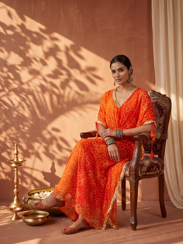 Orange Ombre Bandhani Kaftan with Detailing
