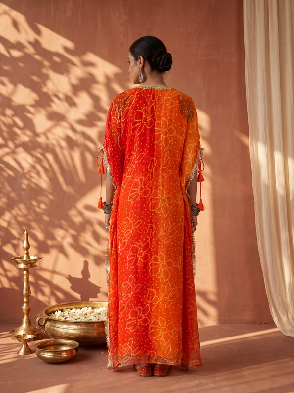 Orange Ombre Bandhani Kaftan with Detailing