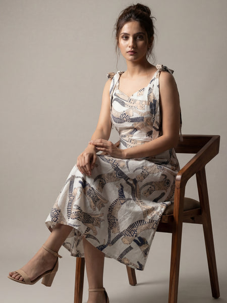 White Cat Printed Midi Dress
