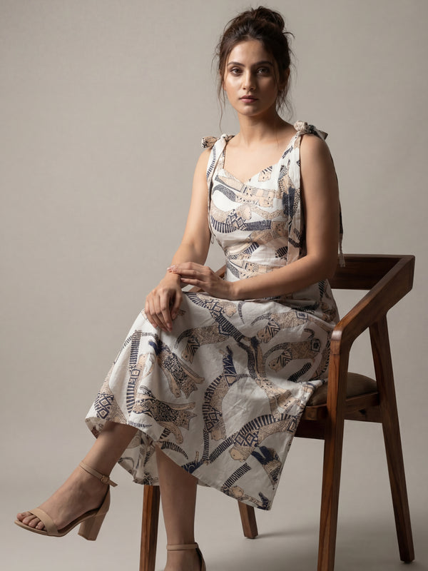 White Cat Printed Midi Dress