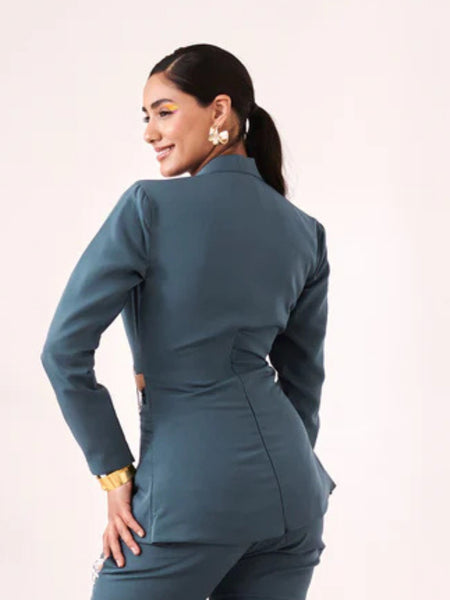 Solid embellished blue blazer shirt