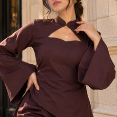 Women’s Chocolate Brown Co-Ord Set with Bell Sleeves & Keyhole Neck – Elegant Wide-Leg Trouser Set