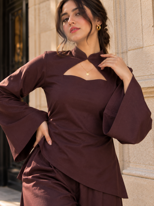 Women’s Chocolate Brown Co-Ord Set with Bell Sleeves & Keyhole Neck – Elegant Wide-Leg Trouser Set