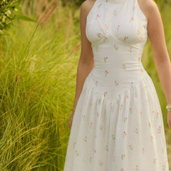 Women’s White Printed Lace-Up Maxi Dress