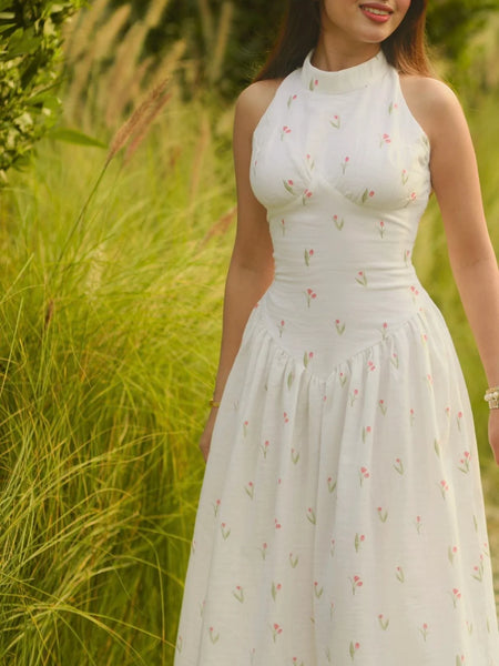 Women’s White Printed Lace-Up Maxi Dress