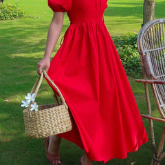 Women's Scarlet Red Puff Sleeve Square Neck Tie-Up Maxi Dress