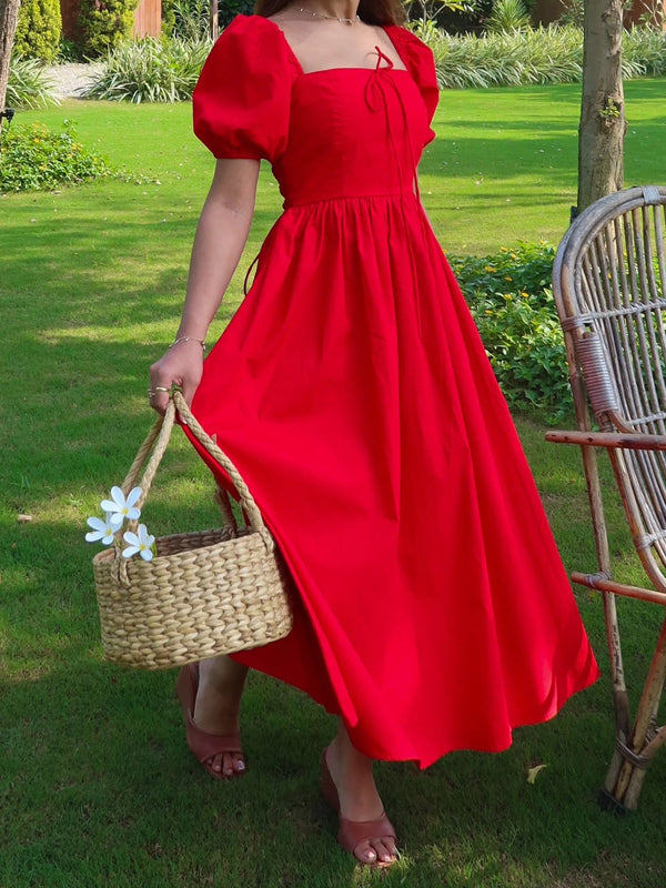 Women's Scarlet Red Puff Sleeve Square Neck Tie-Up Maxi Dress