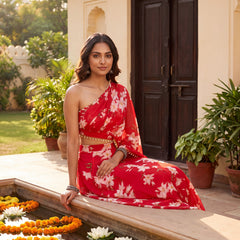Red Floral Skirt Set with Crsytal Embellished  Tube Blouse & Attached Dupatta