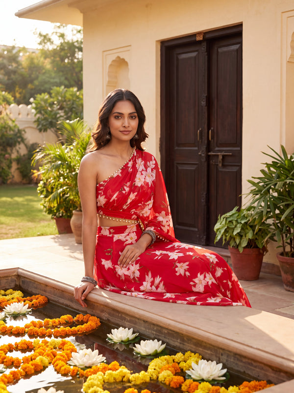Red Floral Skirt Set with Crsytal Embellished  Tube Blouse & Attached Dupatta