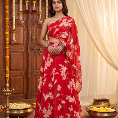 Red Floral Skirt Set with Crsytal Embellished  Tube Blouse & Attached Dupatta