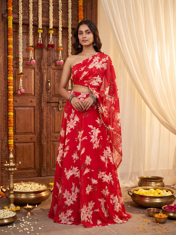 Red Floral Skirt Set with Crsytal Embellished  Tube Blouse & Attached Dupatta