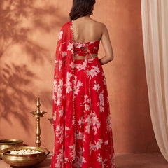 Red Floral Skirt Set with Crsytal Embellished  Tube Blouse & Attached Dupatta