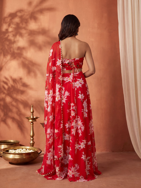 Red Floral Skirt Set with Crsytal Embellished  Tube Blouse & Attached Dupatta