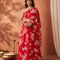 Red Floral Skirt Set with Crsytal Embellished  Tube Blouse & Attached Dupatta