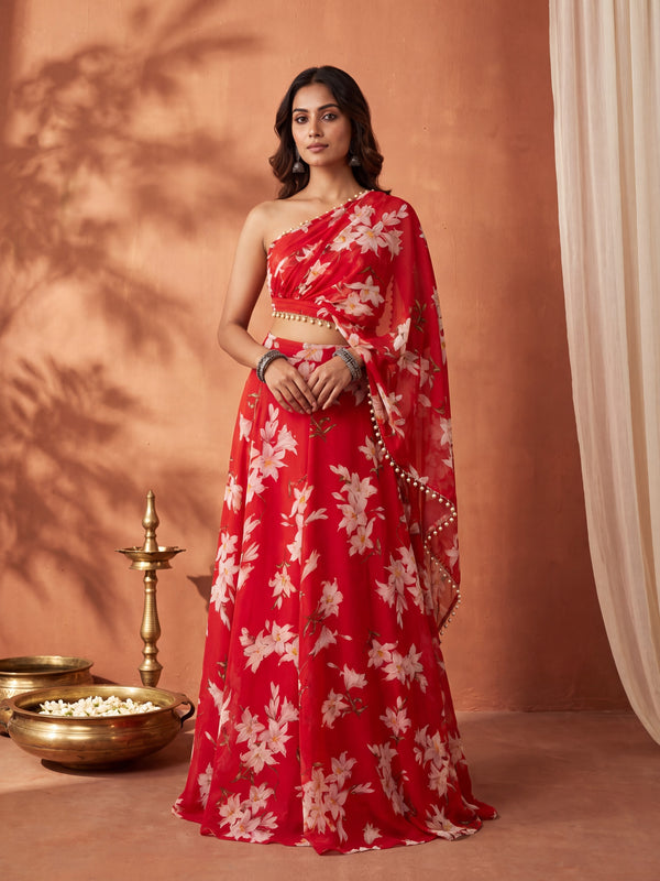 Red Floral Skirt Set with Crsytal Embellished  Tube Blouse & Attached Dupatta