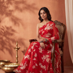 Red Floral Skirt Set with Crsytal Embellished  Tube Blouse & Attached Dupatta
