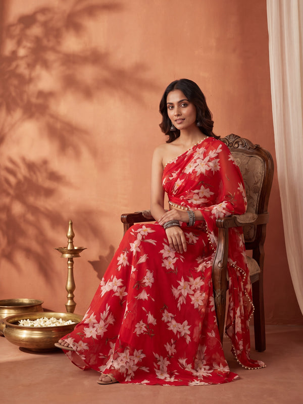 Red Floral Skirt Set with Crsytal Embellished  Tube Blouse & Attached Dupatta