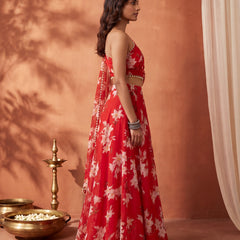Red Floral Skirt Set with Crsytal Embellished  Tube Blouse & Attached Dupatta