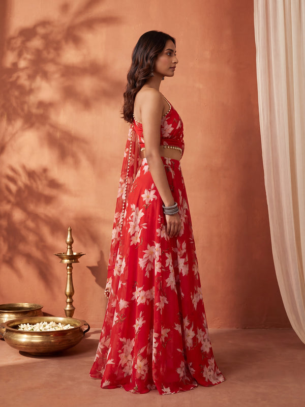 Red Floral Skirt Set with Crsytal Embellished  Tube Blouse & Attached Dupatta