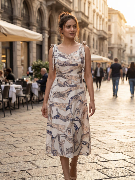 White Cat Printed Midi Dress
