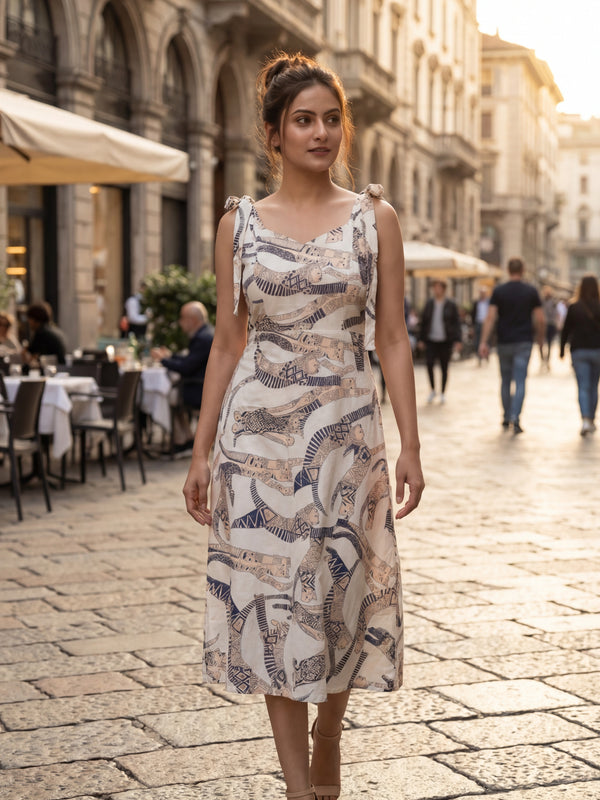 White Cat Printed Midi Dress