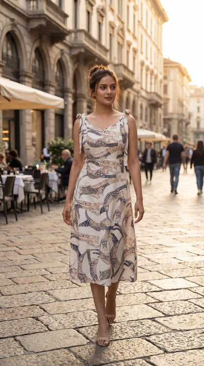 White Cat Printed Midi Dress