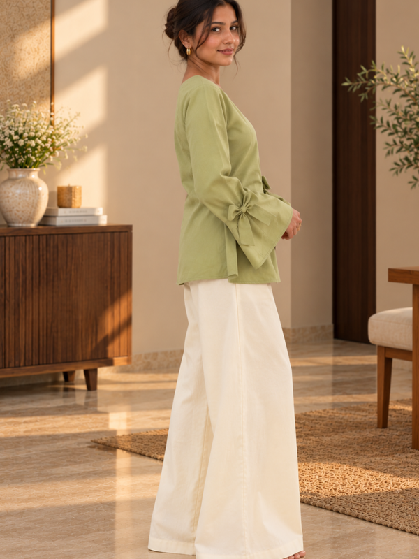 Olive Green Bow-Tie Detail Flared Sleeve Top with Ivory Wide-Leg Palazzo Pants Co-ord Set