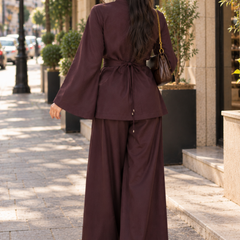 Women’s Chocolate Brown Co-Ord Set with Bell Sleeves & Keyhole Neck – Elegant Wide-Leg Trouser Set