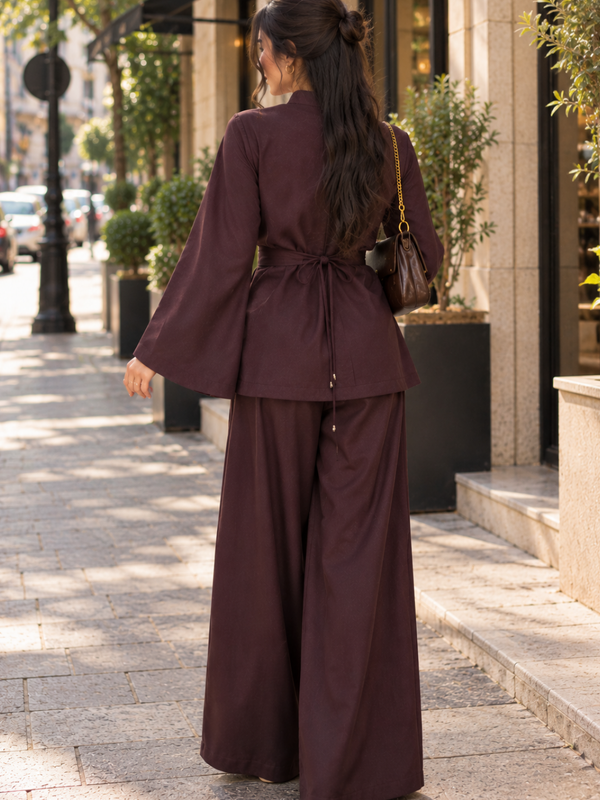 Women’s Chocolate Brown Co-Ord Set with Bell Sleeves & Keyhole Neck – Elegant Wide-Leg Trouser Set