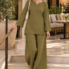 Olive Green Textured Kurta Palazzo Set with Scalloped Detailing