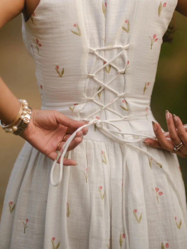 Women’s White Printed Lace-Up Maxi Dress