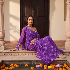 Purple Bandhani One-Shoulder Multi Styling  Kurti Set With Dupatta