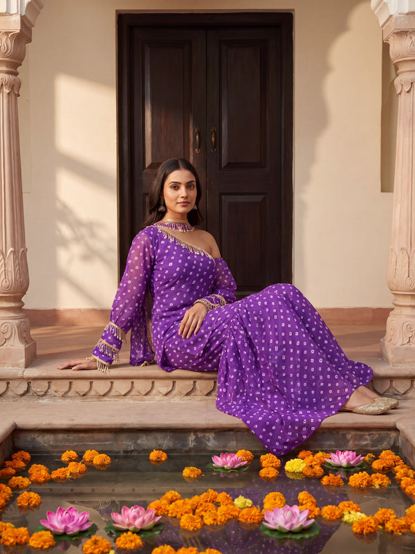 Purple Bandhani One-Shoulder Multi Styling  Kurti Set With Dupatta