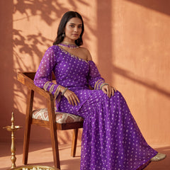 Purple Bandhani One-Shoulder Multi Styling  Kurti Set With Dupatta