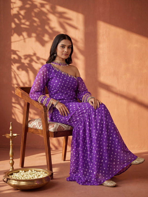Purple Bandhani One-Shoulder Multi Styling  Kurti Set With Dupatta