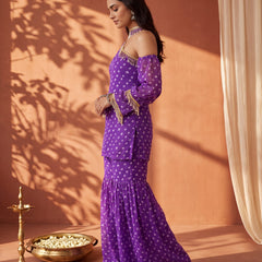 Purple Bandhani One-Shoulder Multi Styling  Kurti Set With Dupatta