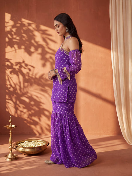 Purple Bandhani One-Shoulder Multi Styling  Kurti Set With Dupatta