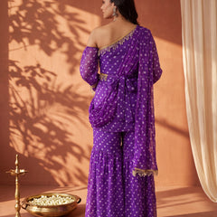 Purple Bandhani One-Shoulder Multi Styling  Kurti Set With Dupatta