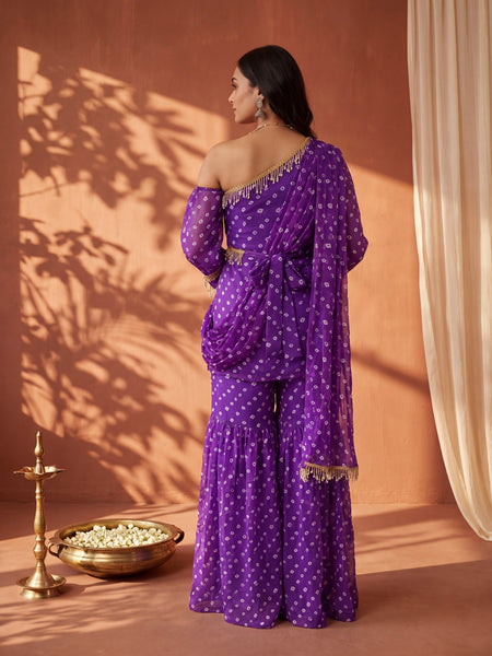 Purple Bandhani One-Shoulder Multi Styling  Kurti Set With Dupatta