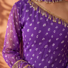 Purple Bandhani One-Shoulder Multi Styling  Kurti Set With Dupatta