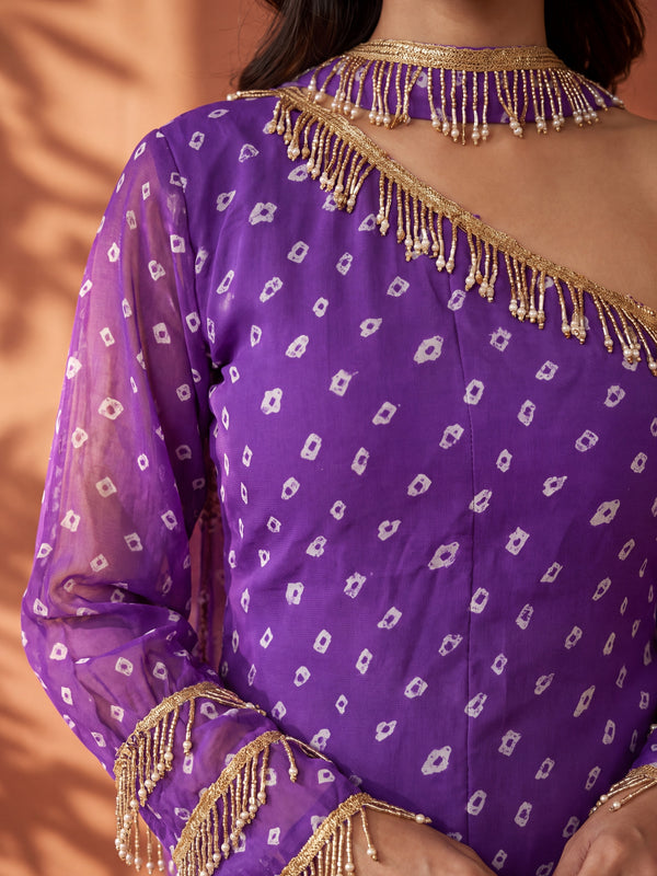 Purple Bandhani One-Shoulder Multi Styling  Kurti Set With Dupatta