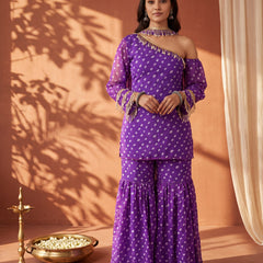 Purple Bandhani One-Shoulder Multi Styling  Kurti Set With Dupatta