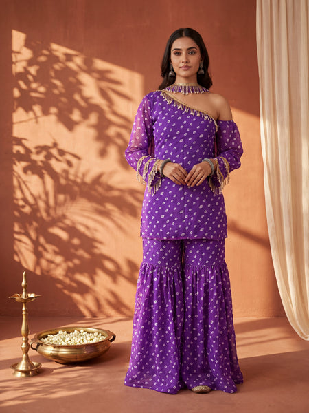 Purple Bandhani One-Shoulder Multi Styling  Kurti Set With Dupatta