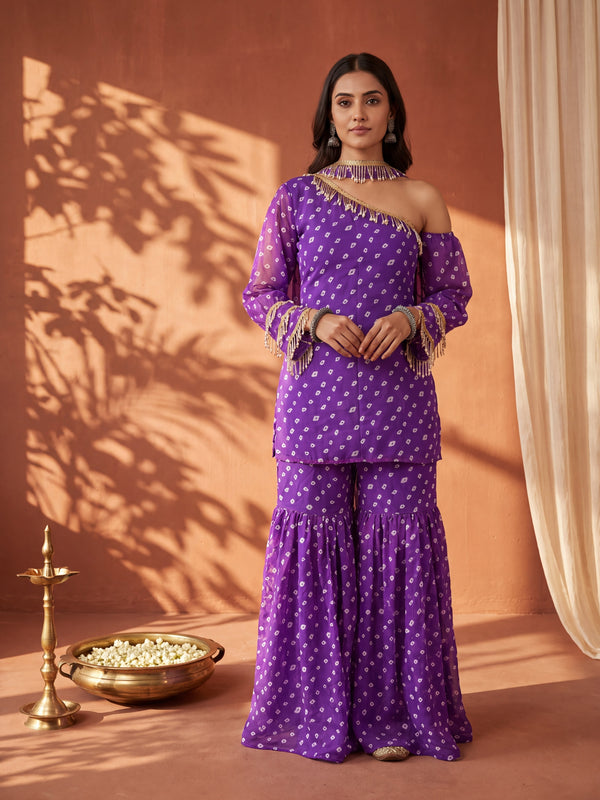 Purple Bandhani One-Shoulder Multi Styling  Kurti Set With Dupatta
