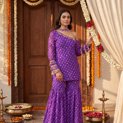 Purple Bandhani One-Shoulder Multi Styling  Kurti Set With Dupatta